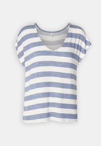 Blue and white striped short-sleeve T-shirt with a V-neck, made from lightweight fabric, featuring a relaxed fit and subtle texture.