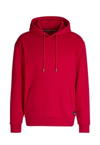 Felpa con cappuccio rossa in morbido cotone con tasca a marsupio, coulisse regolabili e polsini a coste. Presenta etichetta con logo sull'orlo.