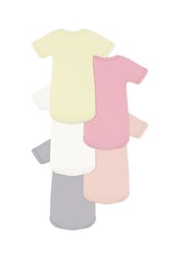 Σετ από φορμάκια για μωρά από απαλό βαμβάκι. Τα χρώματα περιλαμβάνουν κίτρινο, ροζ, λευκό, ανοιχτό ροζ και γκρι. Κοντά μανίκια και στρογγυλεμένες άκρες.