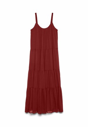 Bordo maxi kleita ar kārtainu dizainu, regulējamām spageti siksnām un vieglu, plūstošu audumu. Gluda tekstūra ar brīvu piegriezumu.