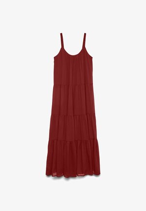 Burgundy hosszúruha, réteges kialakítással, állítható pántokkal és könnyű, légies anyaggal. Sima textúra, laza fazon.