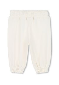 Lichtcrème kleurige sweatpants met een gathering elastische tailleband en boorden, gemaakt van zachte stof, met een gladde textuur en een eenvoudig ontwerp.