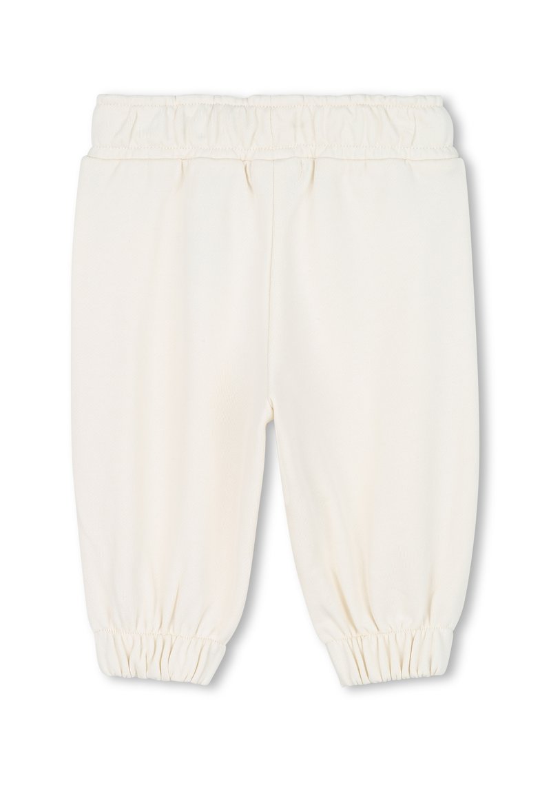 Lichtcrème kleurige sweatpants met een gathering elastische tailleband en boorden, gemaakt van zachte stof, met een gladde textuur en een eenvoudig ontwerp.