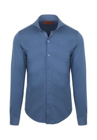 Blauw overhemd met lange mouwen van gladde stof, knoopsluiting aan de voorkant en een klassieke kraag. Heeft contrasterende knopen en een ronde zoom.