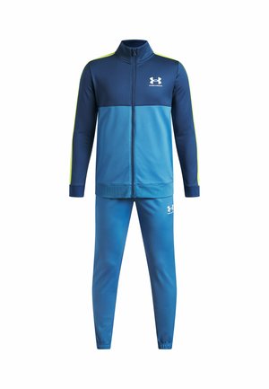 Blue two-tone Under Armour tracksuit with full-zip jacket, neon stripe on sleeves, and matching elastic cuff pants.