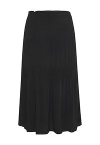 Falda midi negra con cinturilla elástica y detalles de tela fruncida, ajuste fluido y dobladillo ligeramente acampanado.