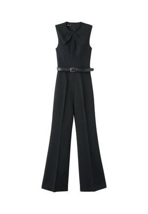Black sleeveless jumpsuit with a flat collar, belted waist, and wide-leg design. Made of smooth fabric, featuring a concealed back zip.