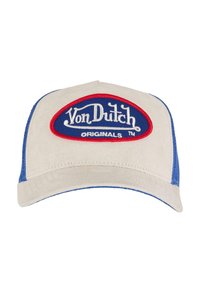 Cappellino da camionista beige con lati in rete blu, con un logo ricamato rosso e blu molto in evidenza che recita "Von Dutch ORIGINALS."
