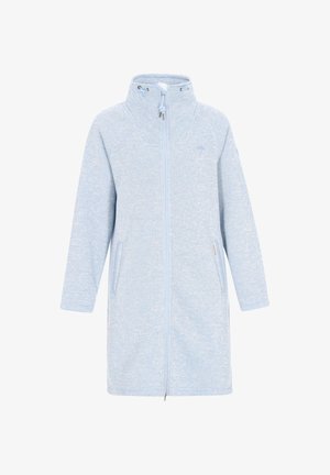 Abrigo de forro polar largo en azul claro, con cuello alto, cremallera frontal, cordón ajustable y dos bolsillos laterales.