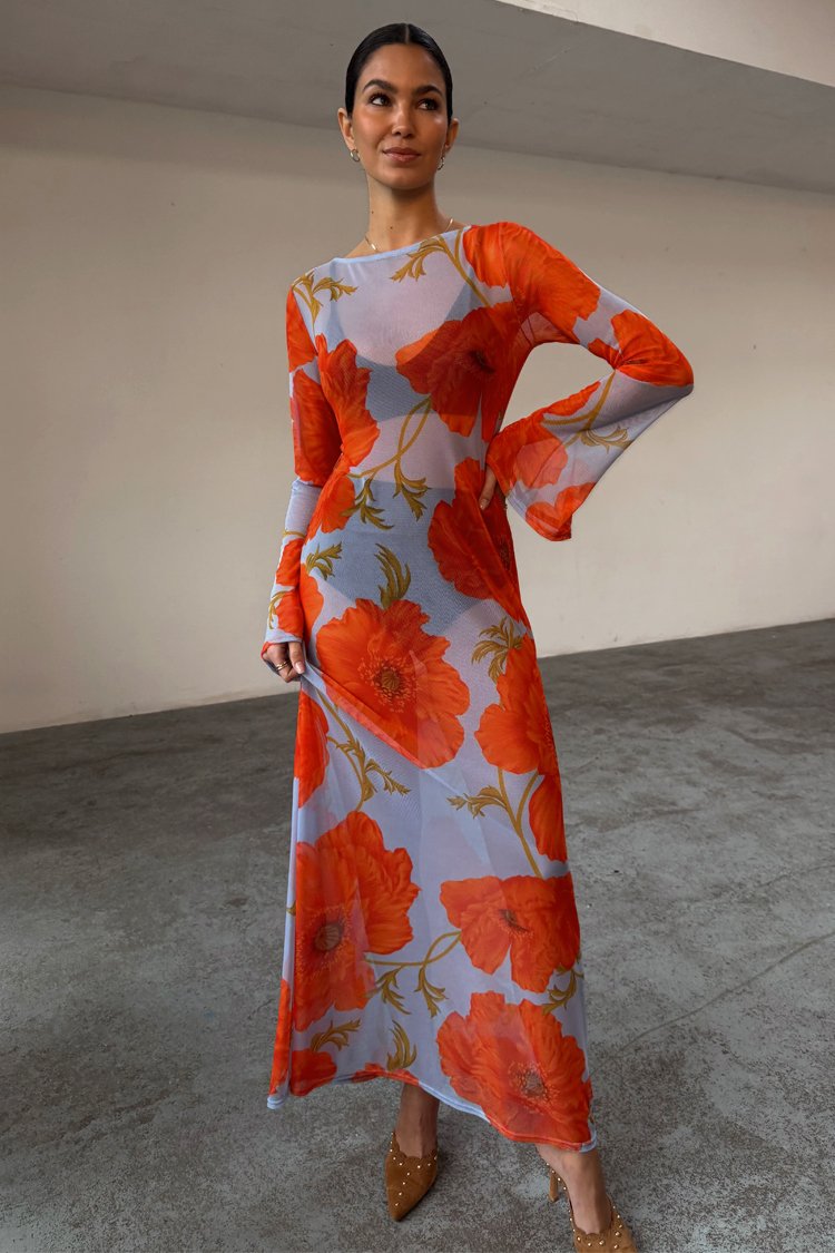 blue and red poppy dress Cap Sleeve Poppy Floral Print Dress in Navy Blue/Red main image 1