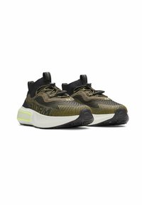 Laced sneakers with a textured olive green upper, black accents, and white midsole. Features reflective yellow details and a cushioned sole.