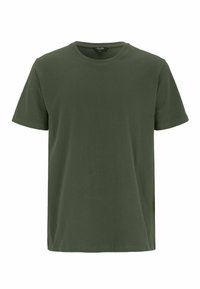 Olivgrön bomulls t-shirt med rund halsringning, korta ärmar och en avslappnad passform. Slät yta, inga synliga mönster eller detaljer.