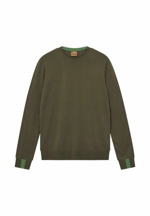 Sweatshirt verde măsliniu cu guler rotund, mâneci lungi, mesaje ribbrate cu accente verzi și o textură subtilă.