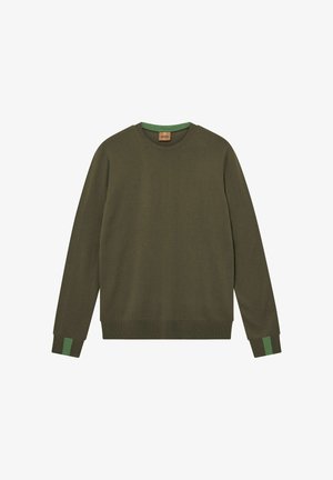 Sweatshirt verde măsliniu cu guler rotund, mâneci lungi, mesaje ribbrate cu accente verzi și o textură subtilă.