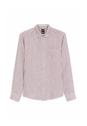 Langärmliges Hemd mit vertikal roten und weißen Streifen, Knöpfen am Kragen, Brusttasche vorne und weißen Knöpfen.