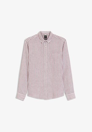 Chemise à manches longues avec rayures verticales rouges et blanches, col boutonné, poche poitrine avant et boutons blancs.