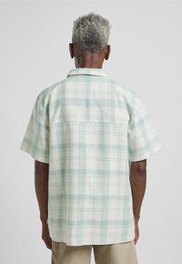Camicia a maniche corte a quadri in verde chiaro e bianco. Tessuto di cotone con vestibilità comoda, dotata di un'ampia parte posteriore e una texture morbida.