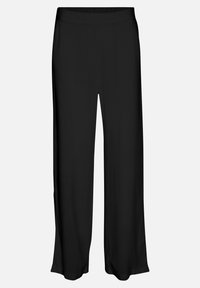 Pantalones de pierna ancha negros, hechos de un tejido suave con cintura elástica, que presentan un corte relajado y sin adornos visibles.