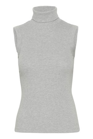 Grauer, ärmelloser Rollkragenoberteil aus geripptem Strickmaterial. Verfügt über ein tailliertes Design mit hohem Kragen und glatter Textur.