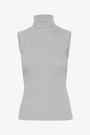 Sivi, bezrukavni pulover s visokim ovratnikom od rebrastog pletenog materijala. Ima pripijen kroj s visokim ovratnikom i glatkom teksturom.