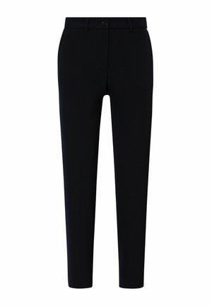 Čierne slim-fit nohavice s pútkami na opasok, predným gombíkom a zipsom, zobrazené na bielom pozadí.