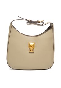 Borsa a spalla in pelle beige con forma curvata, dettagli in metallo dorato e finitura testurizzata. Presenta una chiusura superiore con un dettaglio decorativo.
