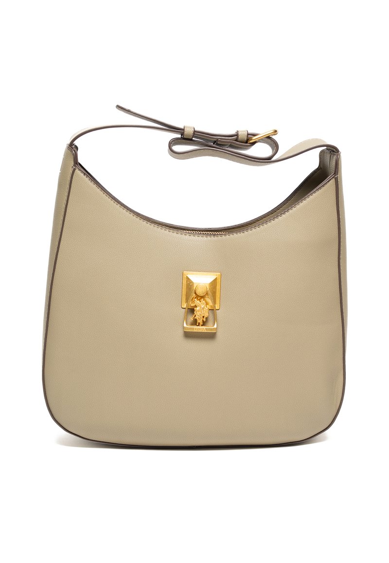 Borsa a spalla in pelle beige con forma curvata, dettagli in metallo dorato e finitura testurizzata. Presenta una chiusura superiore con un dettaglio decorativo.