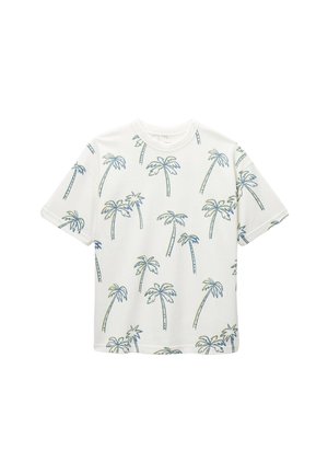 T-shirt blanc à manches courtes avec un motif d'imprimé palmiers bleu et vert sur l'ensemble.