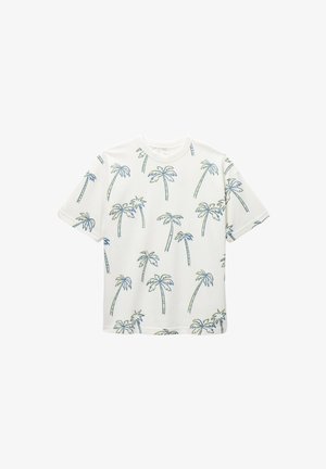 T-shirt blanc à manches courtes avec un motif d'imprimé palmiers bleu et vert sur l'ensemble.