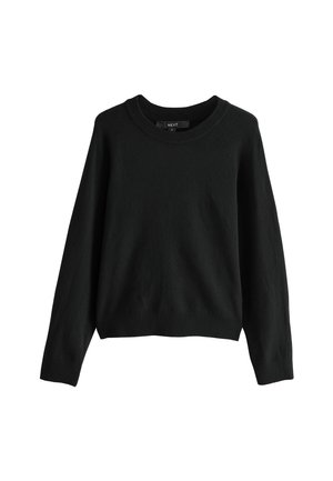 Schwarzer Strickpullover mit rundem Ausschnitt und langen Ärmeln. Mit gerippten Bündchen und Saum, der eine lässige Passform bietet.