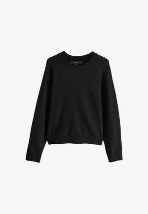 Zwarte gebreide sweater met een ronde halslijn en lange mouwen. Voorzien van geribde boorden en zoom, wat zorgt voor een comfortabele pasvorm.