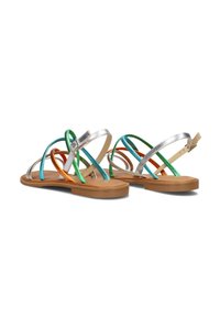 Multicolored flat sandals featuring silver metallic straps with green, blue, orange accents, and a tan rubber sole.