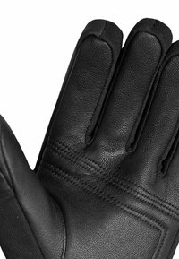 Schwarze Lederhandschuhe mit strukturiertem Oberfläche, auffälligen Nähten, gebogenen Fingern und verstärkten Nähten an der Handfläche.