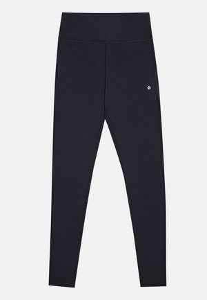 Leggings noirs en tissu doux et extensible, avec une taille haute, dotés de coutures discrètes et d'un petit logo sur le côté.