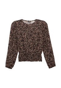 Zwarte blouse met lange mouwen, elastische taille en een klein bloempatroon in tinten van roze en crème. Ronde halslijn met een sleutelgatsluiting op de achterkant.
