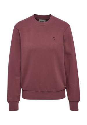 Bordeauxrode crewneck trui met geribbelde boorden aan mouwen en zoom. Heeft een klein, ton-sur-ton logo op de borst. Zacht katoenmengsel materiaal.
