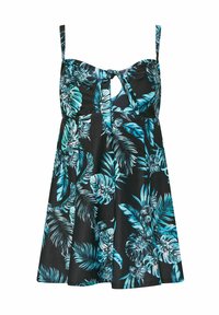 Svart klänning med turkos tropisk bladtryck, justerbara axelremmar och en nyckelhålsdetalj framtill; lättviktig tyg, utsvängd silhuett.