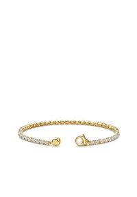 Goldarmband mit einem verknüpften Design und klaren Edelsteinen, die in einer geraden Reihe eingelassen sind, abgeschlossen mit einem Karabinerverschluss.