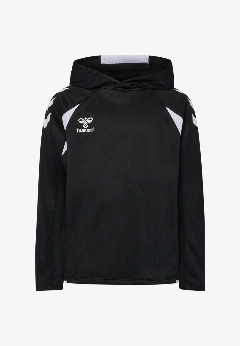 Hoodie de sport noir à manches longues avec des accents blancs sur les épaules et les manches, présentant un petit logo blanc Hummel sur le côté gauche de la poitrine.