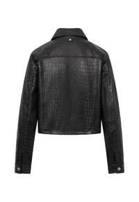 Schwarze Fake-Krokodillederjacke mit langen Ärmeln, Kragen und Druckknopf-Details an Manschetten und Rückenausschnitt.