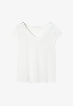 White short-sleeve top with a V-neck design and layered neckline detailing. Made of lightweight fabric, featuring a smooth texture.