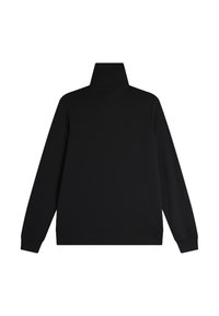 Felpa nera con collo alto, maniche lunghe e polsini a costine. Texture liscia, senza loghi o motivi visibili. Design minimalista.