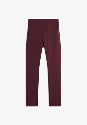 Leggings bordeaux avec une taille haute, fabriqués à partir d'un tissu lisse et extensible. Pas de motifs ni d'accents ; design uni et ajusté.