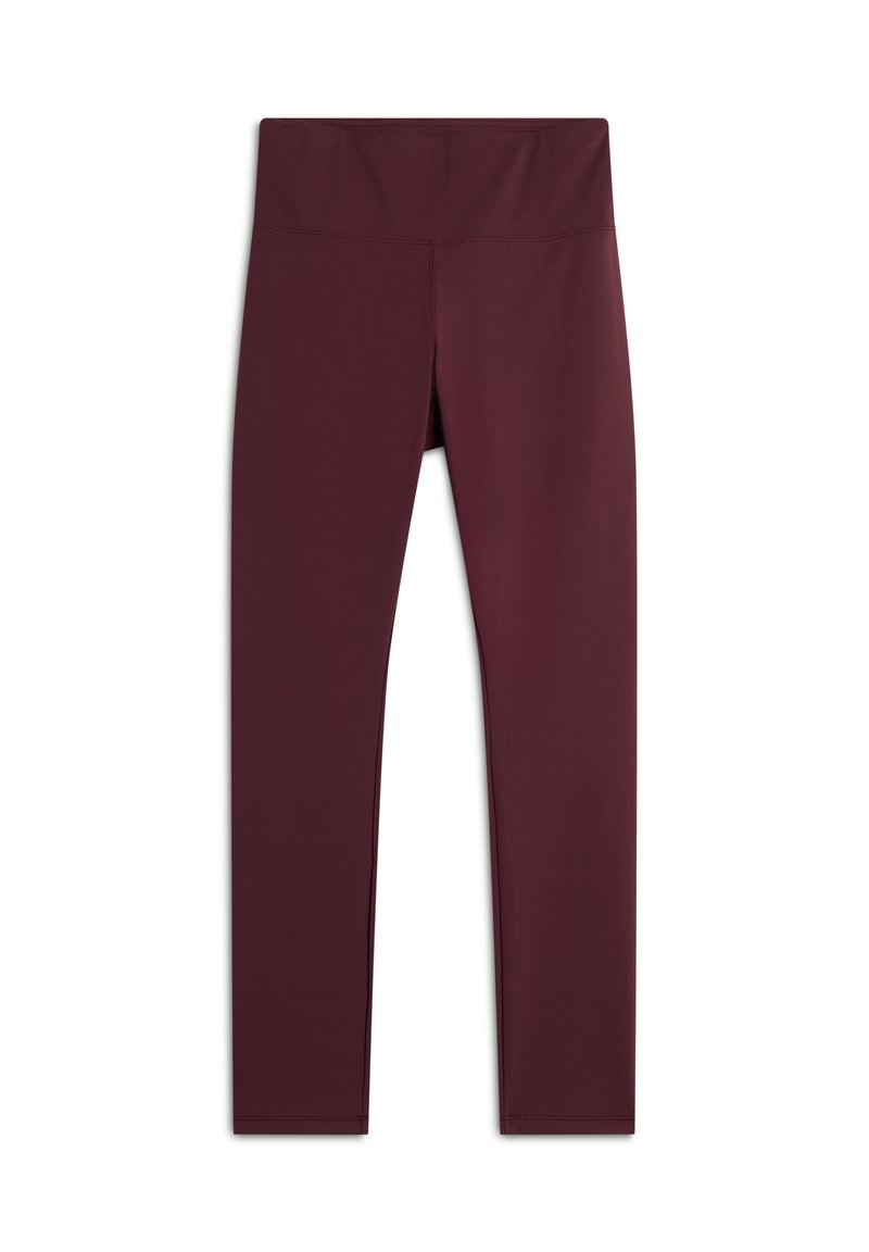 Leggings bordeaux con un alto girovita, realizzati in un tessuto liscio ed elastico. Senza motivi o dettagli; design semplice e slim fit.