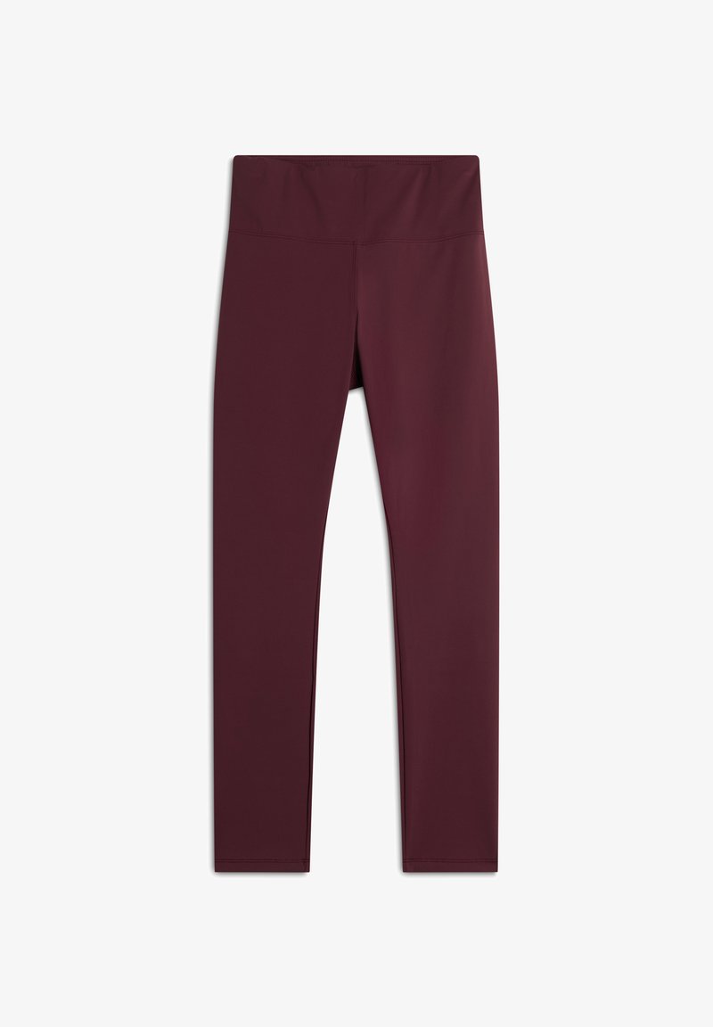 Leggings bordeaux con un alto girovita, realizzati in un tessuto liscio ed elastico. Senza motivi o dettagli; design semplice e slim fit.