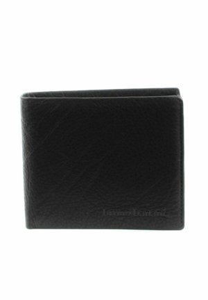 Black leather wallet with a textured surface, bi-fold design, and embossed brand logo. Features rounded corners and a minimalistic style.