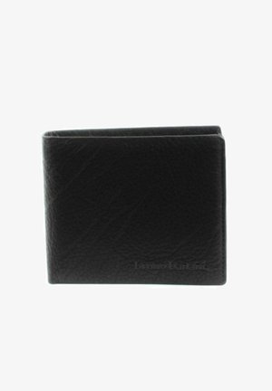 Black leather wallet with a textured surface, bi-fold design, and embossed brand logo. Features rounded corners and a minimalistic style.