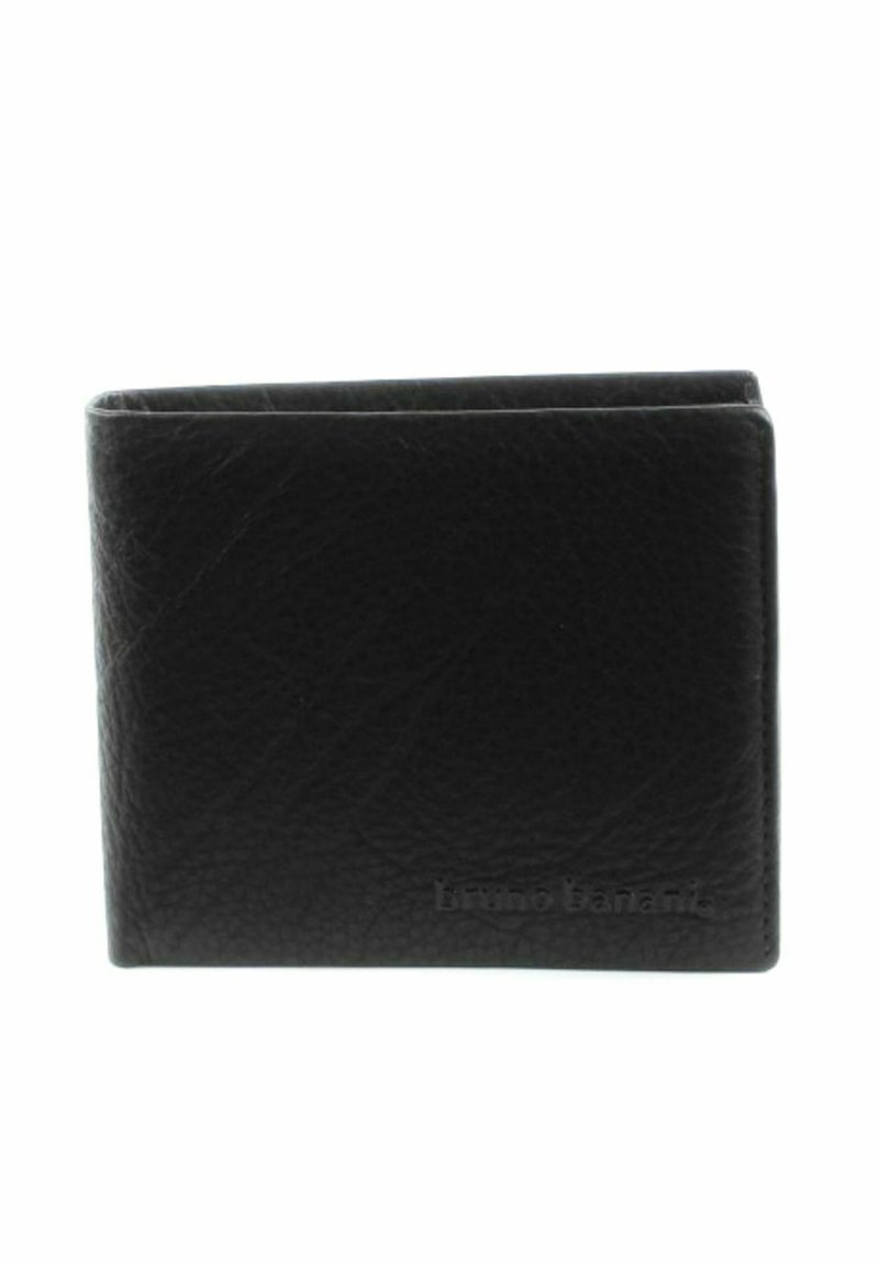 Portefeuille en cuir noir avec une surface texturée, design plié en deux et logo de marque en relief. Présente des coins arrondis et un style minimaliste.