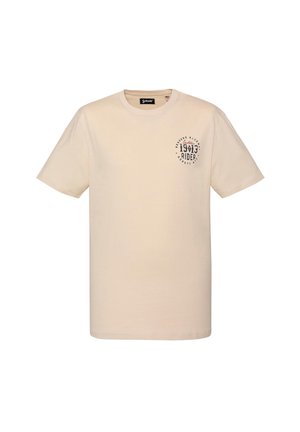 Beiges T-Shirt mit kurzen Ärmeln, rundem Ausschnitt und kleinem schwarzem rundem Logo mit der Aufschrift "1903 Rider" auf der linken Brust.