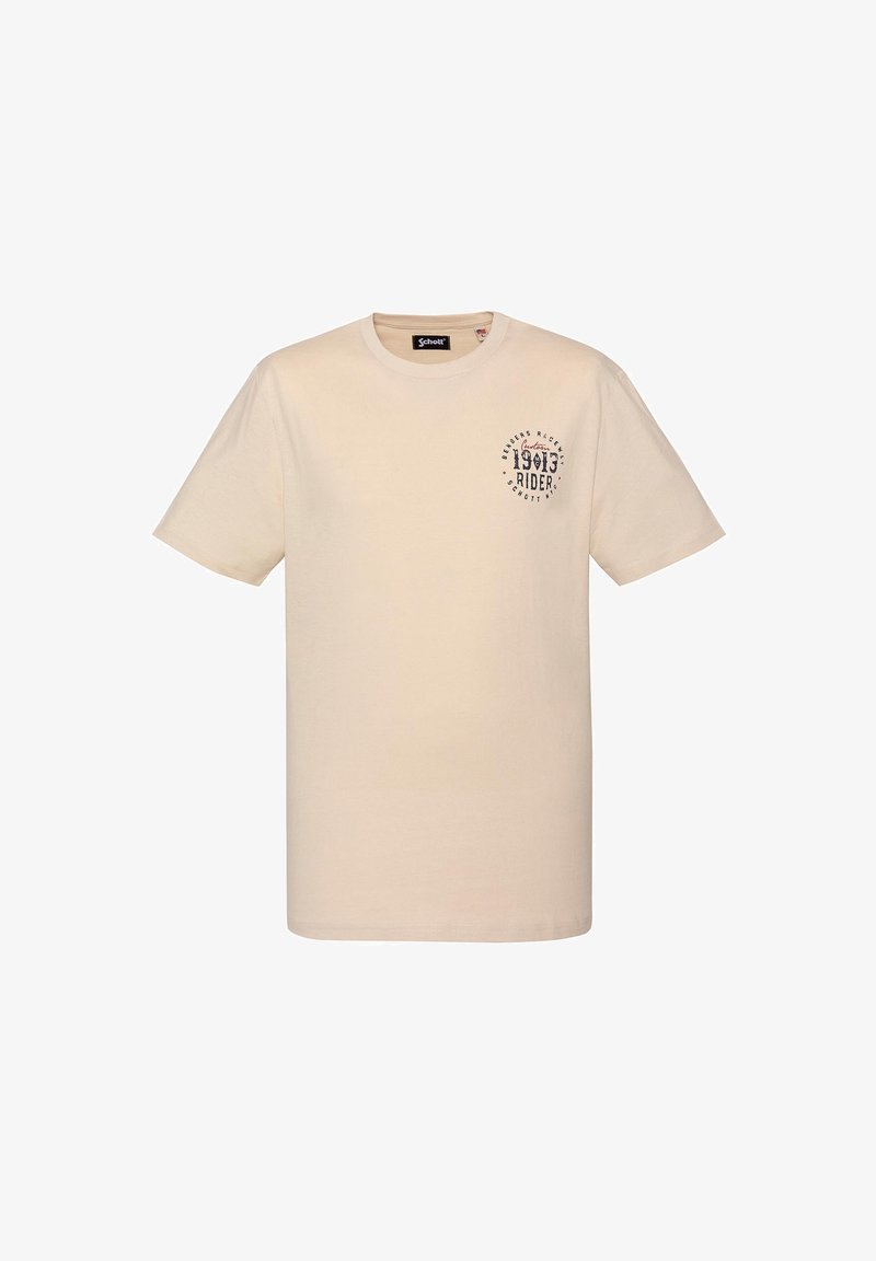 T-shirt beige à manches courtes avec col rond et petit logo circulaire noir indiquant « 1903 Rider » sur la poitrine gauche.